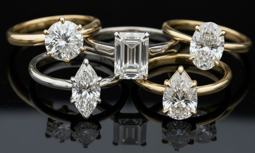 Diamond rings on black background wide